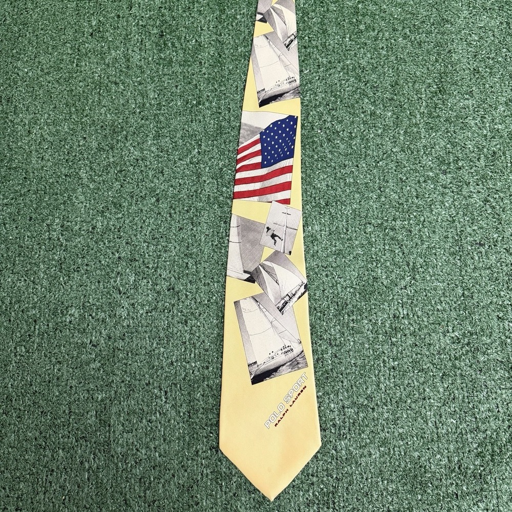 Vintage Polo Sport Ralph Lauren Silk Tie Sailboat Sailing American Flag Nautical